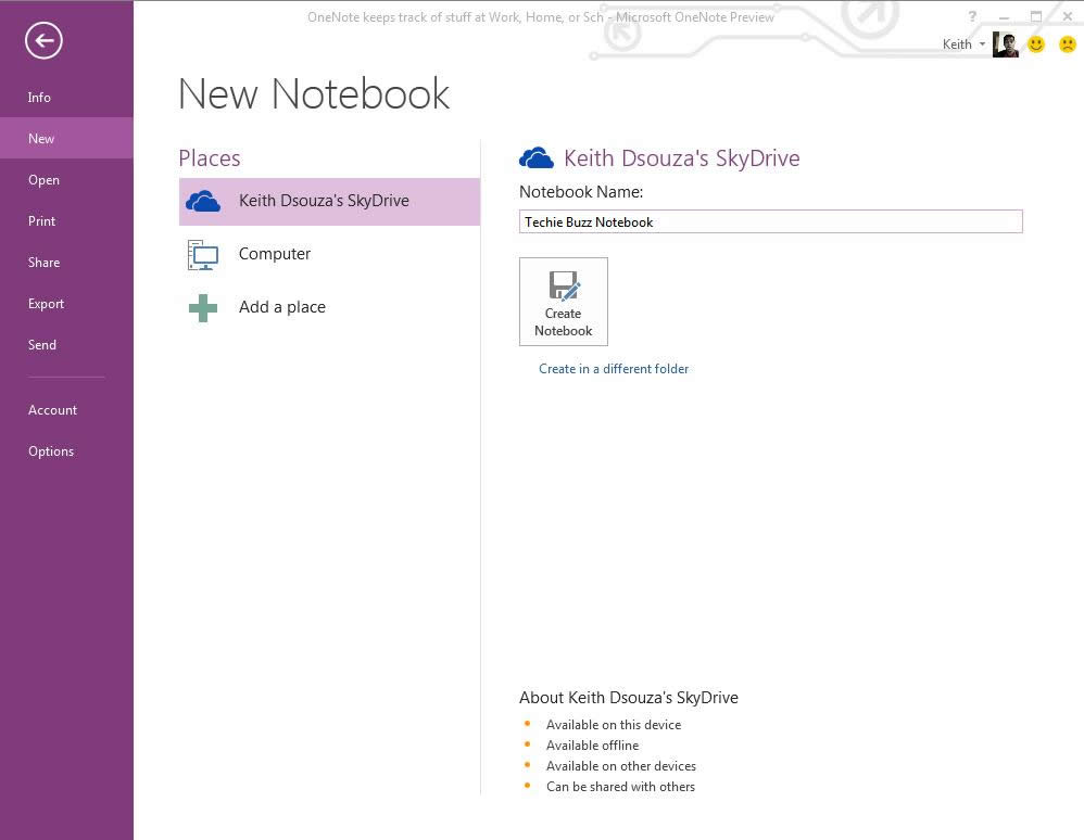 OneNote 2013 New Notebook